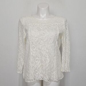 Chico's White Floral Coquette Cottagecore 3/4 Sleeve Lace Tunic Blouse Size L